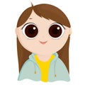 Cartoon girl in a yellow shirt and blue jacket on white background. Character with big eyes and earrings.